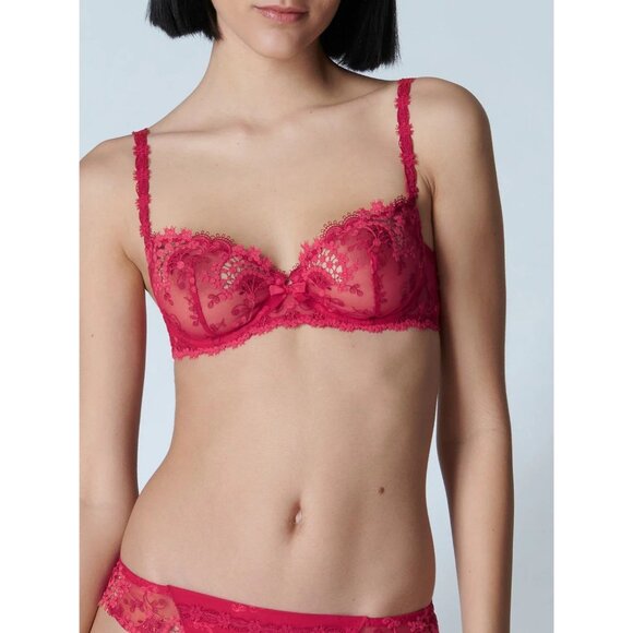 SIMONE PERELE Wish Ruby Red Sheer Embroidered Tulle Unlined Demi Bra, Size 30D - Picture 1 of 16